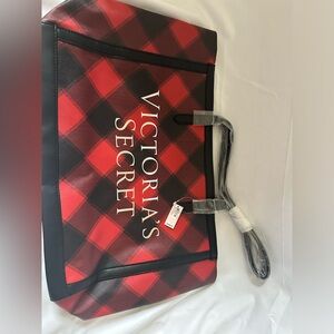 VICTORIA'S SECRET RED & BLACK BUFFALO PLAID TOTE BAG LINED SILVER LOGO